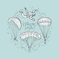 Doodle sketches vector round composition with hand drawn skydivers flying with a paraglider and parachute. Extreme sports